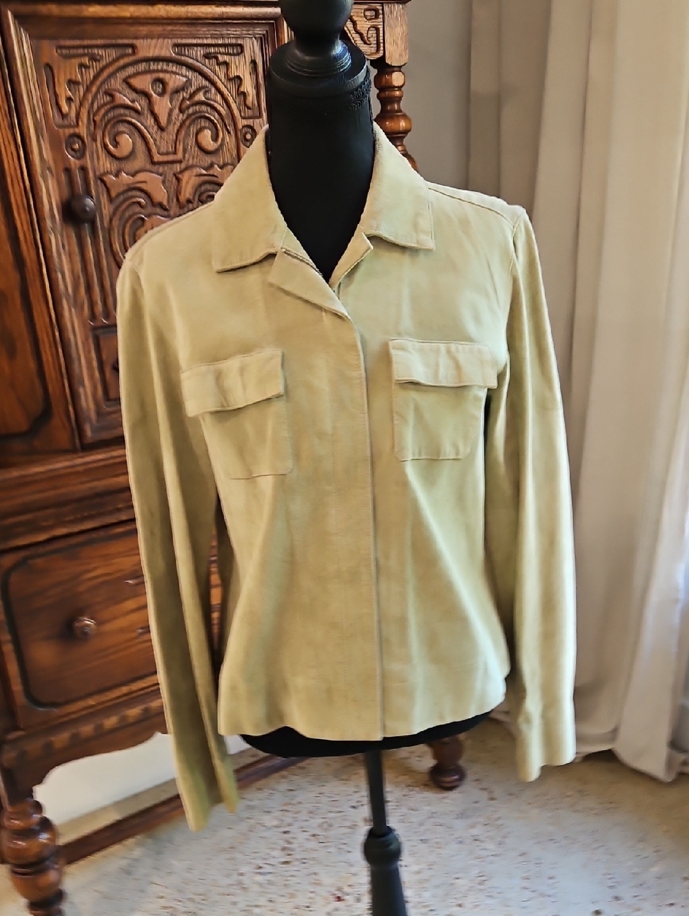 New Frontier Light Olive Suede Utility Jacket. Size 10. Two Spots Inside.
